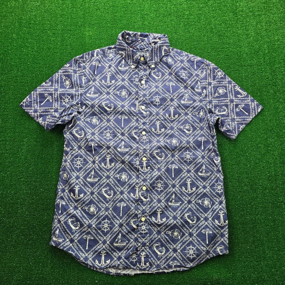 Chaps Shirt Mens Medium/Large Blue Button Up Nautical Summer Beach Casual AOP
